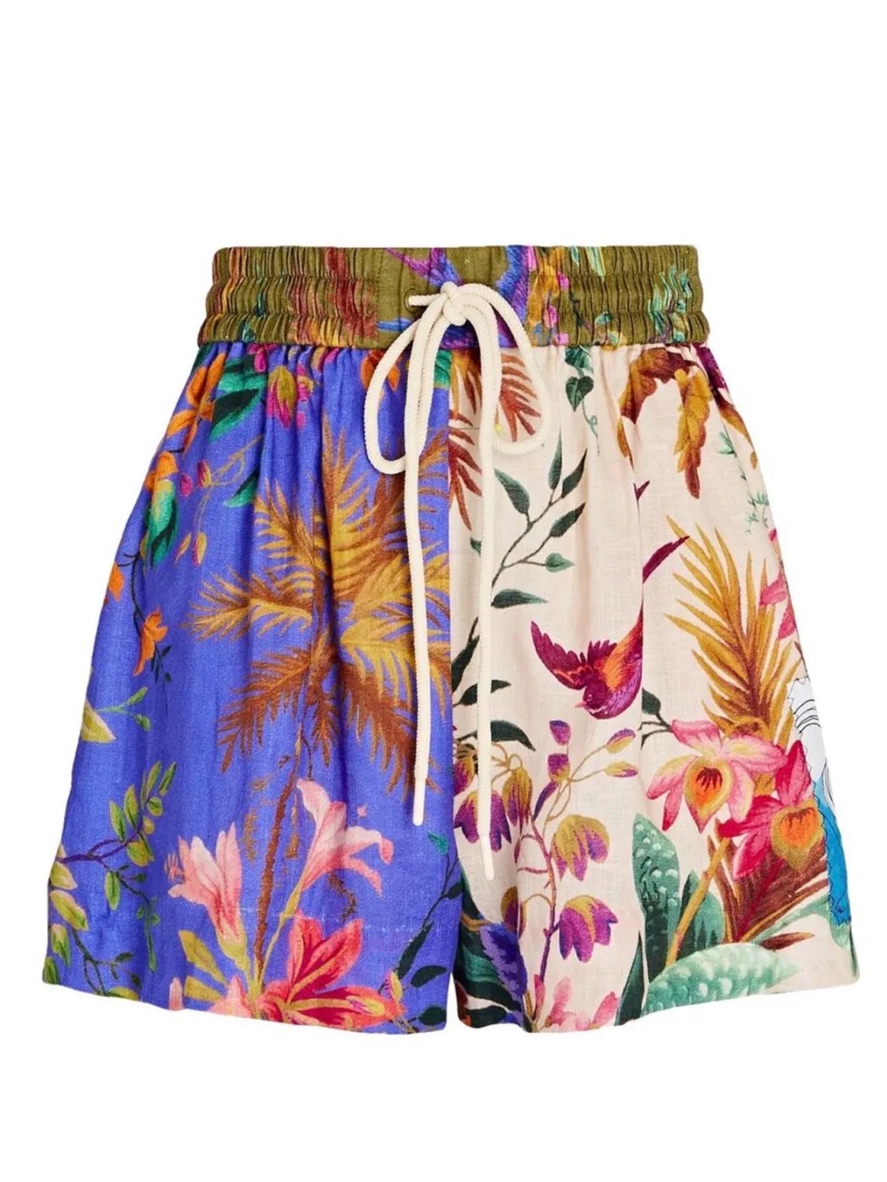 Zimmermann Split-Panel Tropical Drawstring Shorts in Blue and Cream
